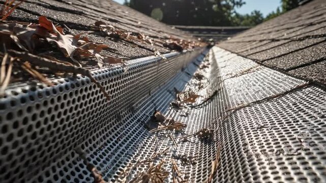 Close-up of rainwater flowing along a metallic gutter with dried leaves and debris on a sloped roof during sunny weather