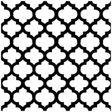 Seamless moroccan quatrefoil lattice pattern in black on white background for design and decoration