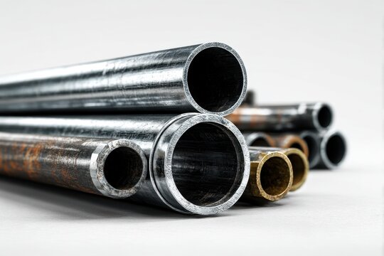 Galvanized metal pipes with zinc plating arranged in a stack, showcasing various diameters and lengths, on a clean, minimalistic background for industrial and commercial use