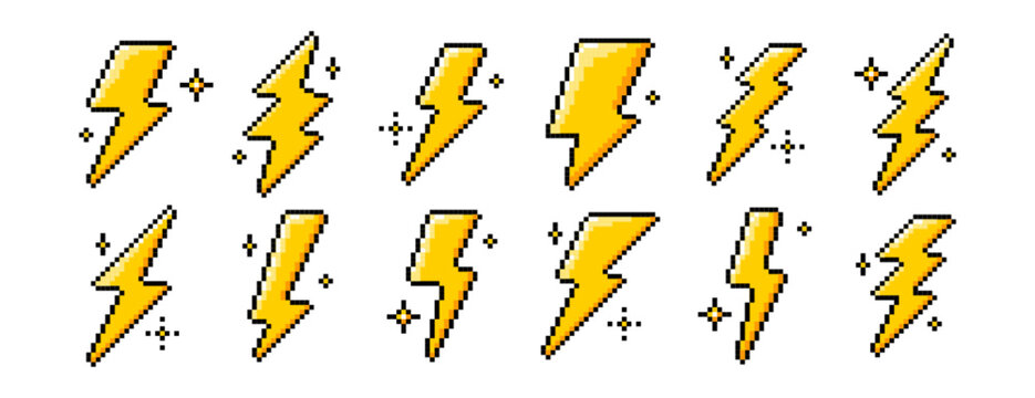 Pixel art lightning bolt icons in retro 8bit style. Yellow electric thunder symbols for video games, ui, hud, buttons and arcade design. Energy, voltage or power pixeled elements on white background