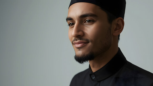 Portrait of a young Muslim man wearing traditional black attire and a prayer cap, looking thoughtfully to the side.