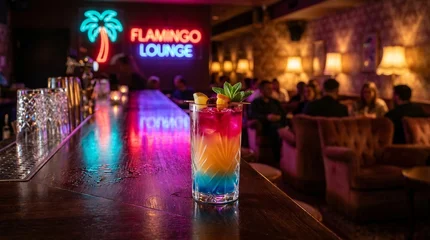 Fototapete Bar Colorful cocktail drink on bar top with neon light reflection at night. Retro bar nightlife and hospitality concept  © crispy