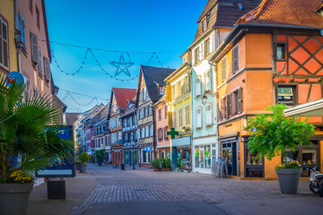 Obraz premium pedestrian street of Colmar, most famous town of Alsace, France, retro toned