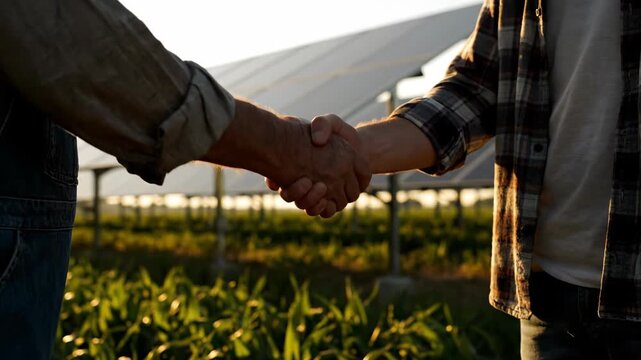 Farm Field Workers In Sunlit Solar Array Setting
