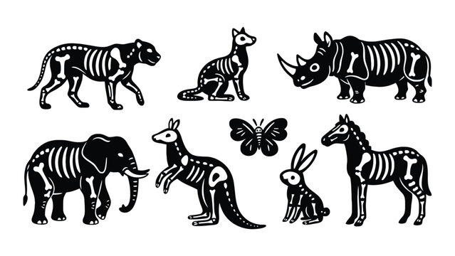 Skeleton animal icons set with various creatures in black and white