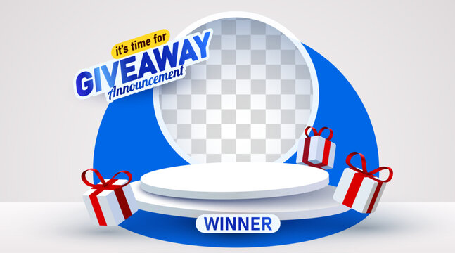 Giveaway announcement banner with winner podium and gift boxes, ideal for online contests and promotions. Vector illustration