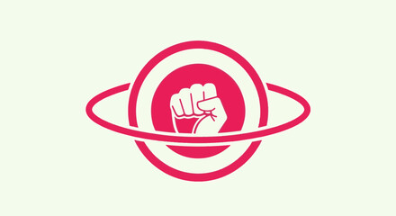 Stylized Pink Fist Symbol with Concentric Circles and Planetary Ring in a Minimalist Graphic Design Representing Strength and Unity on a Cosmic Scale © Clovernand