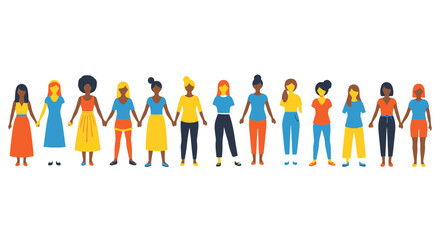 Diverse Group of Women Standing Together Holding Hands Representing Unity Sisterhood and Solidarity in Colorful Outfits