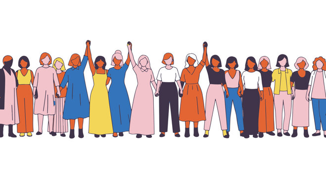 Diverse Group of Women Standing Together Raising Fists in Solidarity Celebrating Empowerment and Unity with Colorful Modern Outfits on Black Background