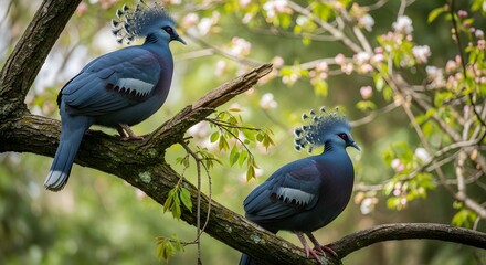 Two regal Victoria crowned pigeons gracefully observe their surroundings from a tree branch.