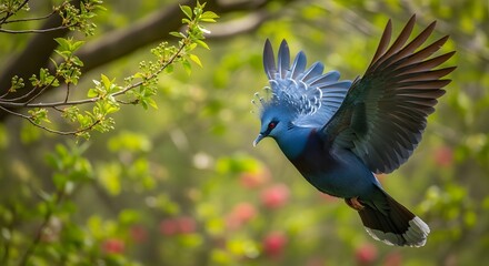 A vibrant Victoria crowned pigeon flies low through lush green foliage.