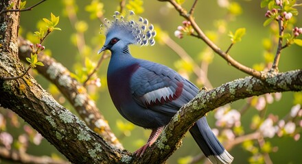 An impressive Victoria crowned pigeon perches attentively on a lichen-covered branch.