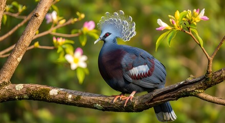 A magnificent blue Victoria Crowned Pigeon perches gracefully on a tree branch.