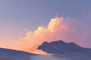 A painting of a mountain scene with a sunset