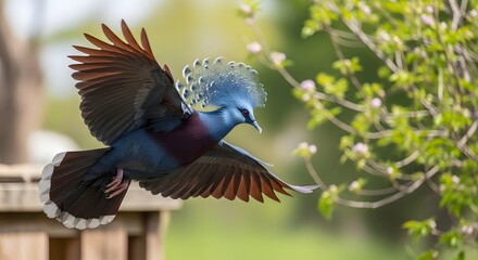 A beautiful Victoria Crowned Pigeon takes flight from a wooden perch.