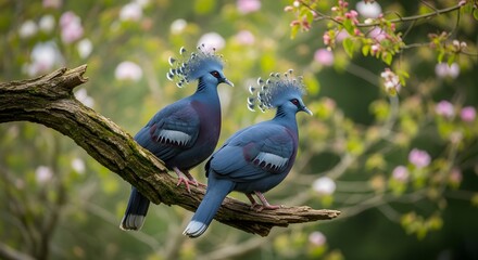 A serene pair of Victoria Crowned Pigeons rests on a slender tree branch.