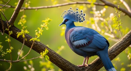 A striking Victoria Crowned Pigeon observes its surroundings from a branch.