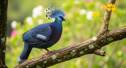 A stunning Victoria Crowned Pigeon sits calmly on a moss-covered branch.