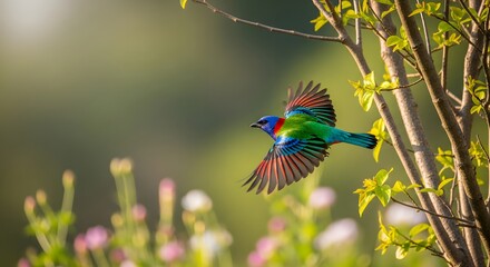 A vibrant painted bunting gracefully flies past a budding tree.