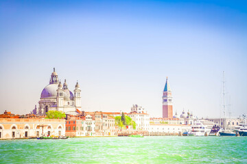 Fototapeta premium famous San Marco square waterfront with Basilica Santa Maria della Salute and San Marco bell tower, Venice, Italy, retro toned
