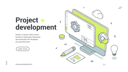 Fotobehang Onderzeeër Web banner for project development. Isometric vector illustration of business management process. Modern template for a creative agency landing page with computer, gear and chart icons  © provectors