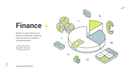 Fotobehang Onderzeeër Web banner for finance and investment. Isometric vector illustration for business analytics. Modern template for a landing page with pie chart, money, coins and calculator icons  © provectors