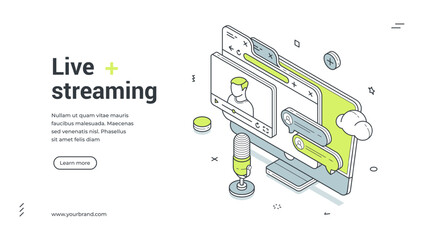 Naklejka na ściany i meble Web banner for live streaming. Isometric vector illustration of an online broadcast. Modern template for a landing page with a computer, microphone and chat icons for a video blog