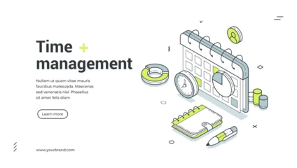 Fotobehang Onderzeeër Web banner for time management and business planning. Isometric vector illustration template for a landing page. Includes calendar, clock, notebook, and chart icons for work organization  © provectors