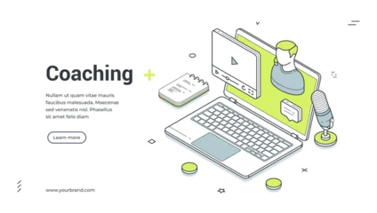 Fotobehang Onderzeeër Web banner for online coaching and e-learning. Isometric vector illustration of business training. Modern template for a landing page with laptop, microphone, video player for a webinar  © provectors