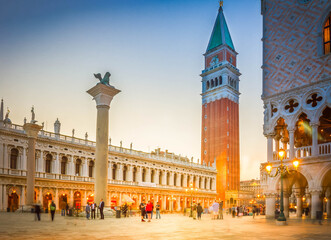 Fototapeta premium Square San Marco with Doges palace and belltower at night, Venice, Italy