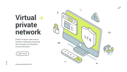 Fotobehang Onderzeeër Web banner for virtual private network service. Isometric vector illustration of a computer with VPN shield. Modern template for a landing page about internet security and data protection  © provectors