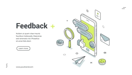 Fotobehang Onderzeeër Web banner for customer feedback. Isometric vector illustration of online service. Modern template for a landing page with a smartphone, chat bubbles, like, smile and magnifier icons  © provectors