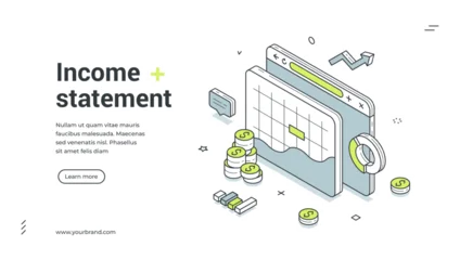 Fotobehang Onderzeeër Web banner for financial report. Isometric vector illustration of income statement analysis. Modern template for a landing page with coins and charts for business analytics  © provectors