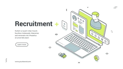 Fotobehang Onderzeeër Web banner for online recruitment. Isometric vector illustration of the hiring process. Modern template for a human resources landing page with a laptop, CV, and candidate profile icons  © provectors