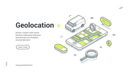 Fotobehang Onderzeeër Web banner for geolocation and delivery service. Isometric vector illustration for a navigation app. Modern template for a landing page with a smartphone, map, van and pin icons  © provectors