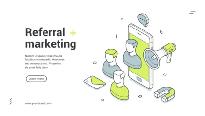 Fotobehang Onderzeeër Referral marketing web banner. Isometric template with smartphone, megaphone, people. Vector illustration for landing page about customer attraction and social media  © provectors