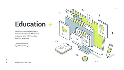 Fototapeta premium Web banner for online education. Isometric vector illustration with computer screen. Modern template for a landing page about e-learning, distance courses and university