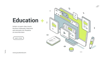 Fotobehang Restaurant Web banner for online education. Isometric vector illustration with computer screen. Modern template for a landing page about e-learning, distance courses and university  © provectors