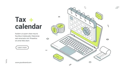 Fotobehang Onderzeeër Web banner for tax calendar and finance service. Isometric vector illustration with laptop. Modern template for a landing page about online tax payment and financial accounting  © provectors