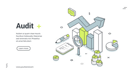 Web banner for business audit service. Isometric vector illustration with financial graph. Modern template for a landing page about data analysis and company reports