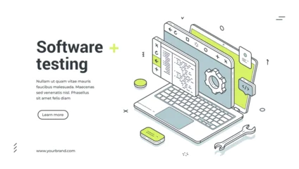 Fotobehang Onderzeeër Software testing web banner. Isometric vector illustration of a laptop with code. Modern template for a landing page about quality assurance, app development, and debugging service  © provectors