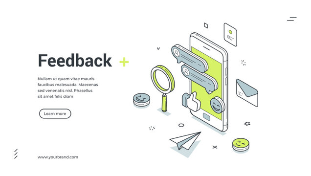 Web banner for customer feedback. Isometric vector illustration of online service. Modern template for a landing page with a smartphone, chat bubbles, like, smile and magnifier icons