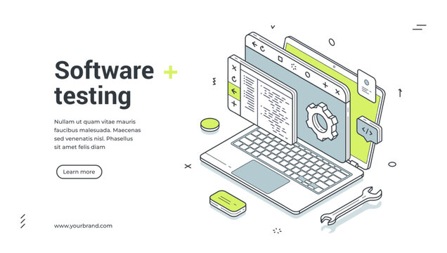 Software testing web banner. Isometric vector illustration of a laptop with code. Modern template for a landing page about quality assurance, app development, and debugging service