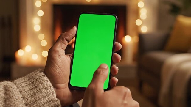 Person holding a smartphone with a green screen in a cozy living room with festive lights.