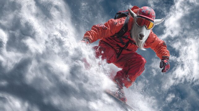 Goat snowboards, pulling tricks in clouds!