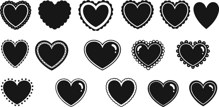 Set of Decorative Heart Silhouette Vector Icons Featuring Scalloped Edges, Stitched Borders, and Hand-Drawn Frames for Valentine's Day