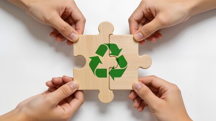 Hands holding puzzle pieces with recycling symbol