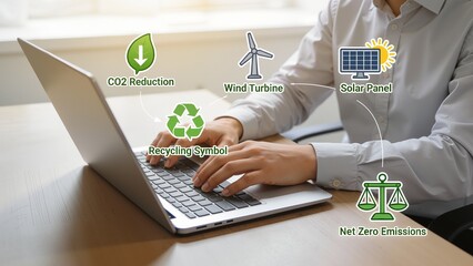 Person working on laptop with eco symbols