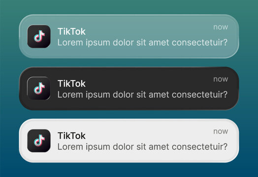 TikTok iOS 26 update featuring liquid glass&ndash;style notifications and glossy transparent vector UI assets. Editorial editable creative templates