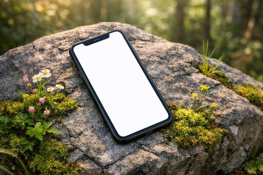 White screen smartphone display on a natural mossy rock in a sunlit forest.